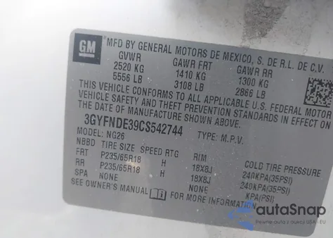 2012 Cadillac Srx Luxury Collection z USA, uszkodzony, nr VIN 3GYFNDE39CS542744